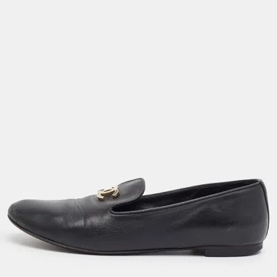 Pre-owned Chanel Interlocking Cc Size 39.5 Black Leather Pearl And Crystal Embellished Smoking Slippers