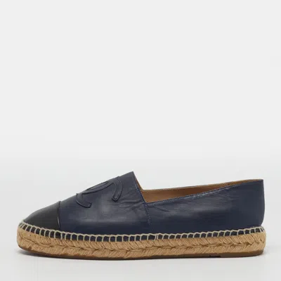 Pre-owned Chanel Interlocking Cc Size 40 Navy Blue/black Leather Cap Toe Espadrille Flats
