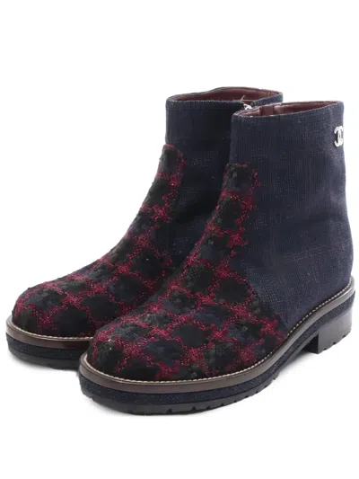 Pre-owned Chanel Interlocking Cc Tweed Ankle Boots In Blue