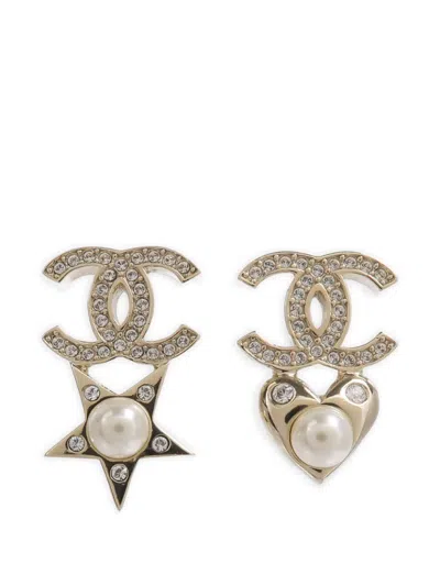 Pre-owned Chanel Interlocking-cc Heart Star Earrings In Gold