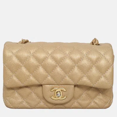 Pre-owned Chanel Iridescent Gold Caviar Classic Mini Rectangle Flap Bag