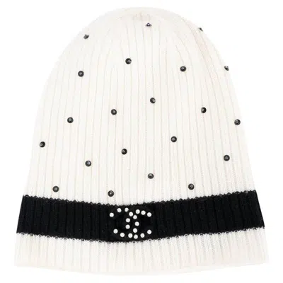 Pre-owned Chanel Ivory & Black Cashmere Pearl Rib-knit Beanie Hat In White
