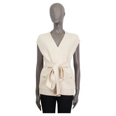 Pre-owned Chanel Ivory Cashmere 2018 Belted Sleeveless Knit Cardigan Sweater 40 M In White