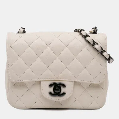 Pre-owned Chanel Cream Mini Square Classic Crumpled Calfskin Single Flap