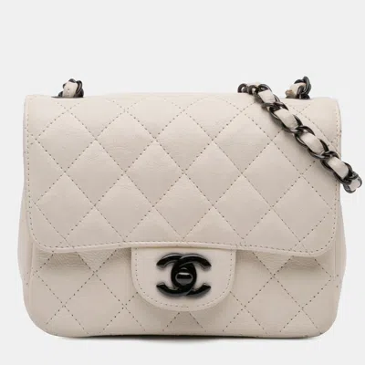 Pre-owned Chanel Cream Mini Square Classic Crumpled Calfskin Single Flap