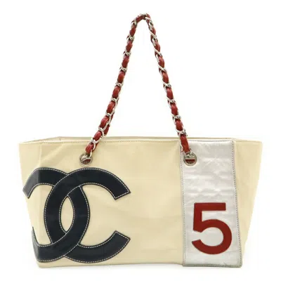 Pre-owned Chanel Ivory Navy Color Canvas Leather Shoulder Bag Tote Bag () In Multi