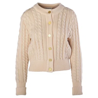 Pre-owned Chanel Ivory Pearl-embellished Cable-knit Wool Cardigan - '90s In White