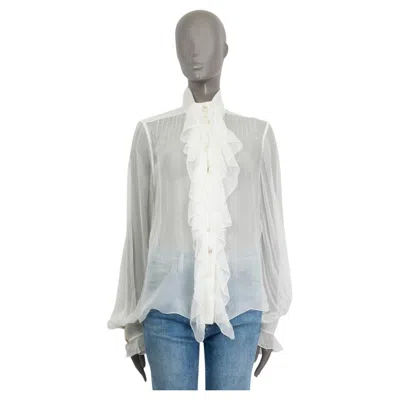 Pre-owned Chanel Ivory Silk 2019 19k Sheer Ruffled Blouse Shirt 38 S In White
