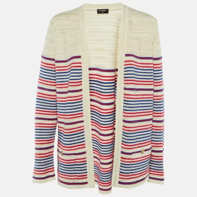 Pre-owned Chanel Ivory Striped Lurex Linen & Cashmere Open Front Cardigan Xl In White