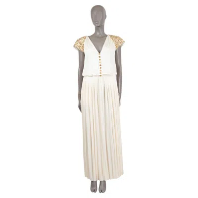 Pre-owned Chanel Ivory Viscose 2018 18c Greece Beaded & Pleated Jumpsuit 38 S In White