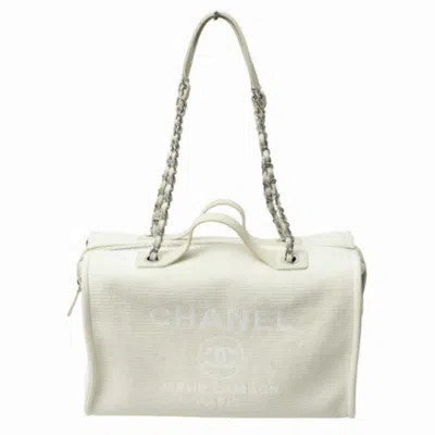 Pre-owned Chanel Ivory White Canvas Leather Boston Bag Shoulder Bag ()