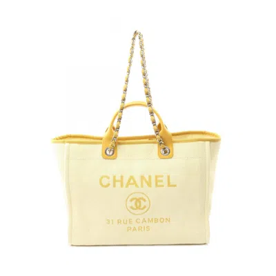 Pre-owned Chanel Ivory Yellow Leather Raffia Tote Bag () In Multi