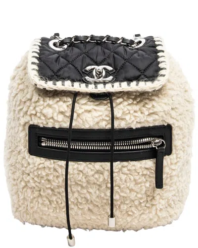Pre-owned Chanel Ivory/black Shearling/ Quilted Nylon Canvas Coco Neige Flap Backpack