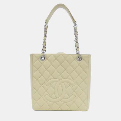 Pre-owned Chanel Ivroy Leather Petite Shopping Tote Bag In Cream