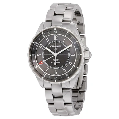 Pre-owned Chanel J12 Chromatic Gmt Automatic Charcoal Titanium Ceramic Watch H3099 In Charcoal / Tan