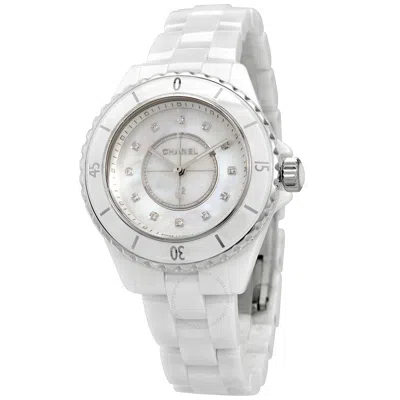 Pre-owned Chanel J12 Quartz Diamond White Dial Ladies Watch H5704 In Mother Of Pearl / White