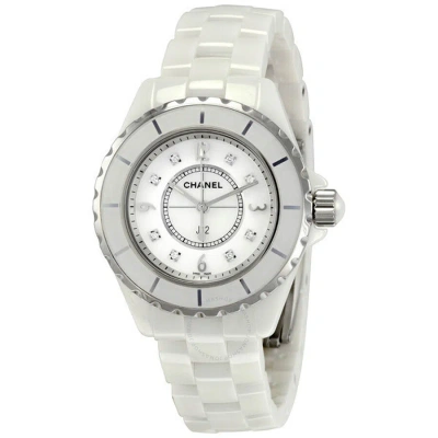 Pre-owned Chanel J12 White Ceramic Diamonds Quartz Ladies Watch H2422 In Mother Of Pearl / White
