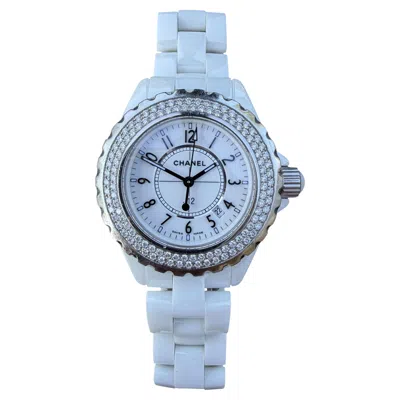 Pre-owned Chanel J12 White Ceramic Watch Diamond Bezel Stainless Steel 33mm 6" Small Wrist