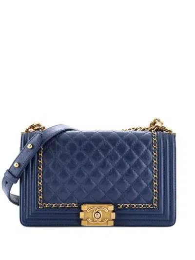 Pre-owned Chanel Jacket Boy Flap Bag Quilted Aged Calfskin Old Medium Crossbody Bag In Blue