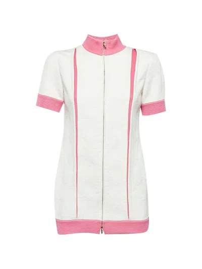 Pre-owned Chanel Jacquard-knit Short-sleeve Zip-up Cotton Sweatshirt In White
