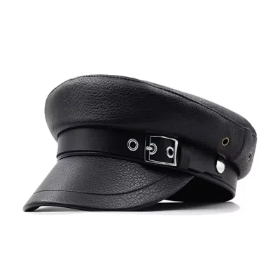 Chanel Joan Elkayam Women's Black Faux Leather Buckled Baker Boy Hat
