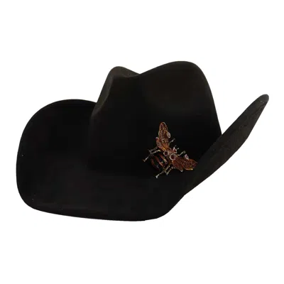 Chanel Joan Elkayam Women's Black Faux Suede Cowboy Hat With Large Bee Brooch