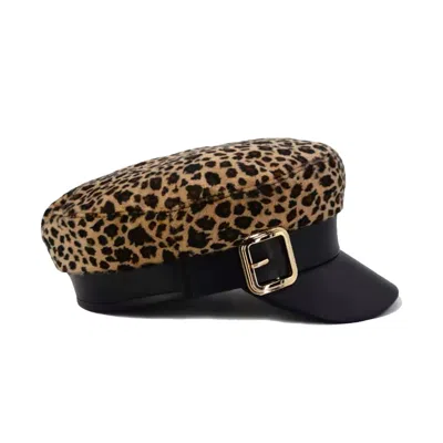 Chanel Joan Elkayam Women's Black / Yellow / Orange Leopard Print Buckled Baker Boy Hat In Black/yellow/orange