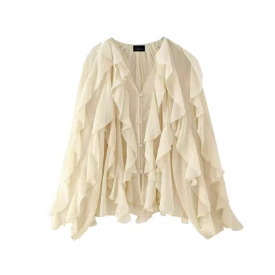Chanel Joan Elkayam Women's Neutrals Cream Ruffled Chiffon Blouse
