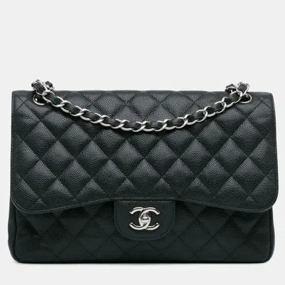 Pre-owned Chanel Jumbo Classic Caviar Double Flap Bag In Black