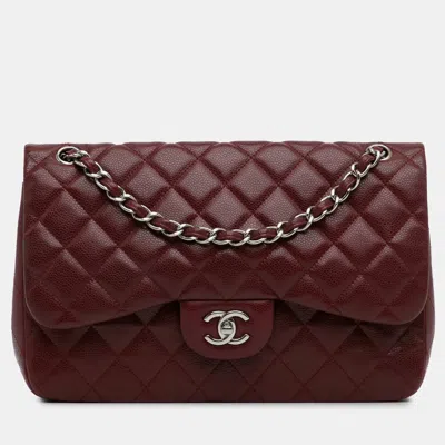 Pre-owned Chanel Jumbo Classic Caviar Double Flap Bag In Burgundy
