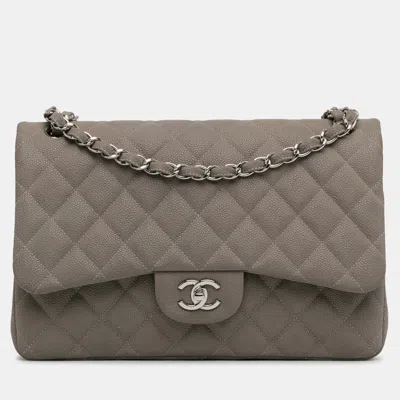 Pre-owned Chanel Jumbo Classic Caviar Double Flap Bag In Grey