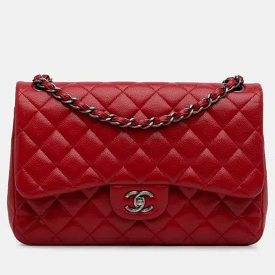 Pre-owned Chanel Jumbo Classic Caviar Double Flap In Red