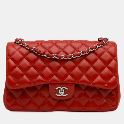 Pre-owned Chanel Jumbo Classic Lambskin Double Flap Bag In Red
