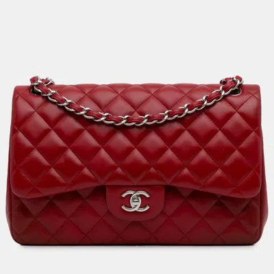 Pre-owned Chanel Jumbo Classic Lambskin Double Flap In Red