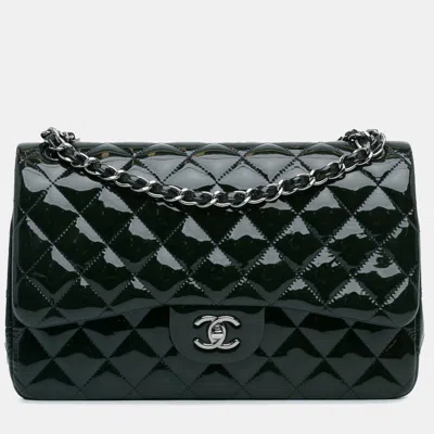 Pre-owned Chanel Jumbo Classic Patent Double Flap In Navy Blue