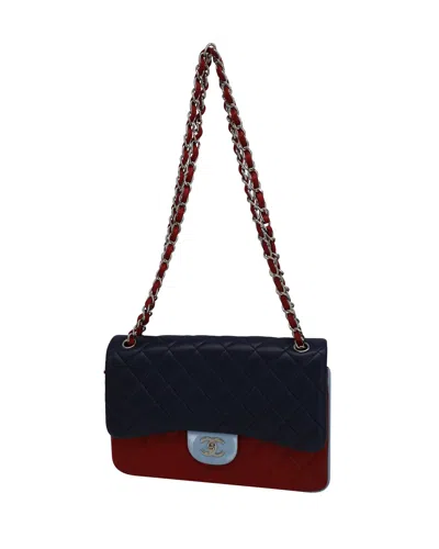 Pre-owned Chanel Jumbo Tricolor Classic Double Flap In Blue And Red Lambskin Leather