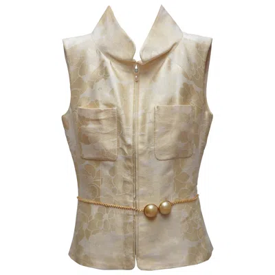 Pre-owned Chanel Karl Lagerfeld Collection Camellia Vest With Pearl Belt 2001 Sz 40 In Brown