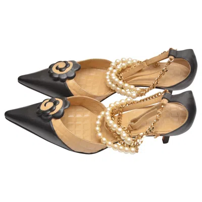 Pre-owned Chanel Karl Lagerfeld Kitten Hill Camellia Chain Pearls Vintage Shoes 39 Mint In Brown