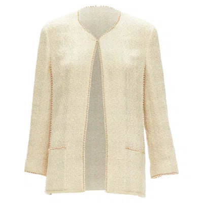 Pre-owned Chanel Karl Lagerfeld P Pearl Trim Boucle Tweed Jacket In Beige