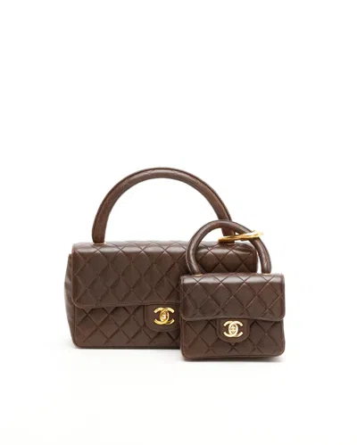 Pre-owned Chanel Kelly Parent And Child Flap Bag Set In Brown