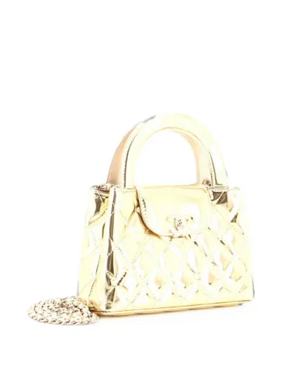 Pre-owned Chanel Kelly Top Handle Shopping Bag Quilted Metallic Lambskin Mini Satchel In Gold