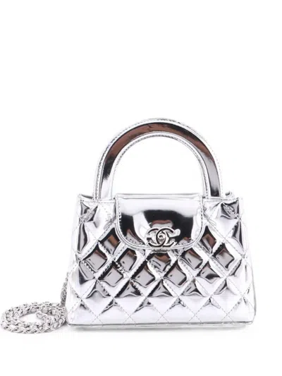 Pre-owned Chanel Kelly Top Handle Shopping Bag Quilted Metallic Lambskin Mini Satchel In Silver