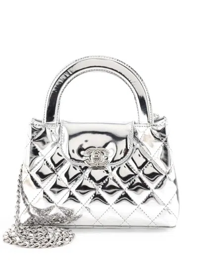 Pre-owned Chanel Kelly Top Handle Shopping Bag Quilted Metallic Lambskin Mini Satchel In Silver