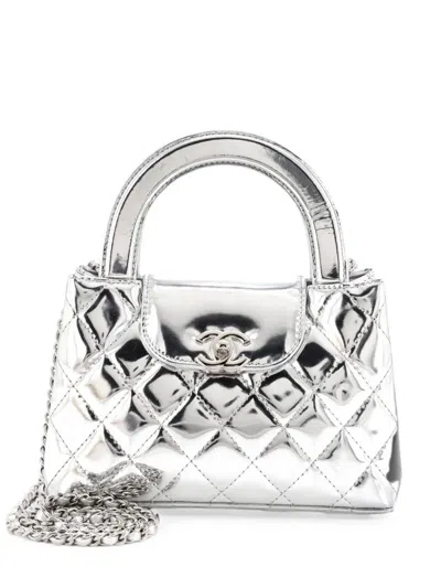 Pre-owned Chanel Kelly Top Handle Shopping Bag Quilted Metallic Lambskin Mini Satchel In Silver