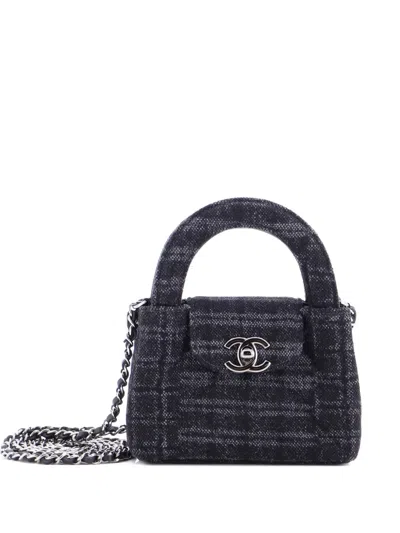 Pre-owned Chanel Kelly Top Handle Shopping Bag Quilted Printed Denim Nano Satchel In Black