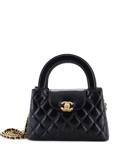 Pre-owned Chanel Kelly Top Handle Shopping Bag Quilted Shiny Aged Calfskin Mini Satchel In Black
