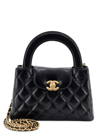 Pre-owned Chanel Kelly Top Handle Shopping Bag Quilted Shiny Aged Calfskin Mini Satchel In Black