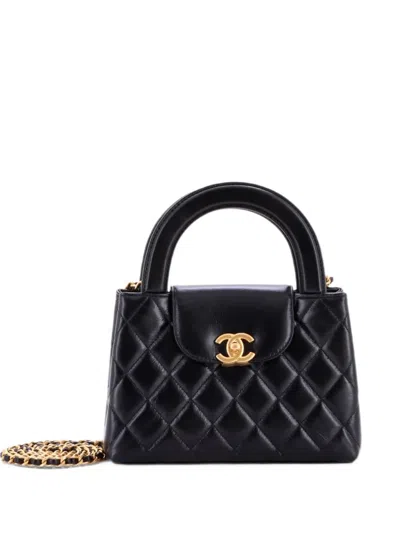 Pre-owned Chanel Kelly Top Handle Shopping Bag Quilted Shiny Aged Calfskin Mini Satchel In Black