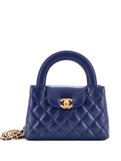 Pre-owned Chanel Kelly Top Handle Shopping Bag Quilted Shiny Aged Calfskin Mini Satchel In Blue