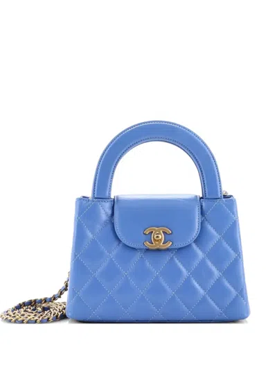 Pre-owned Chanel Kelly Top Handle Shopping Bag Quilted Shiny Aged Calfskin Mini Satchel In Blue